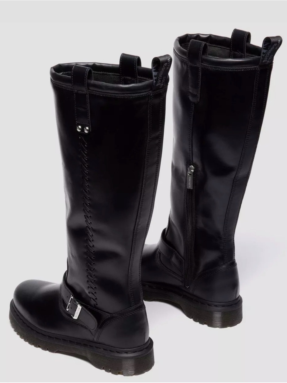Black Leather Dr Marten Knee-High Buckle Boots - Picture 5 of 8